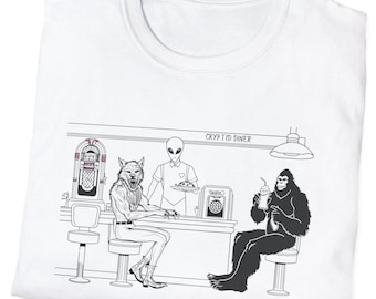 Unisex Retro Cryptid Doodle Cotton T-Shirt: Funny Alien Bigfoot Design