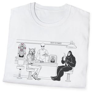Retro Doodle Art Cryptid Cotton Shirt, Funny Cryptid Shirt, Alien Bigfoot Werewolf Enthusiasts, Fantasy Fiction Gift, Cryptid Shirt, 90&#39;s
