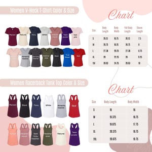 May include: Chart showing color and size options for women's V-neck t-shirts and racerback tank tops. The chart includes colors like maroon, natural, navy, white, heather mauve, team purple, soft pink, athletic heather, black, true royal, red, sunset, dark grey heather, heather olive, and team purple. Sizes include S, M, L, XL, and 2XL. Measurements are in inches.