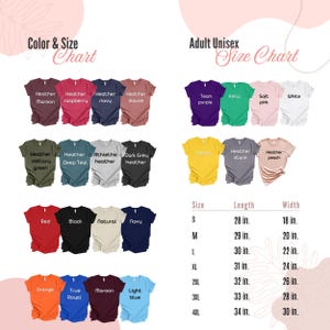 May include: A unisex t-shirt size chart with color options for each size. The chart shows sizes from S to 4XL with corresponding length and width measurements in inches.