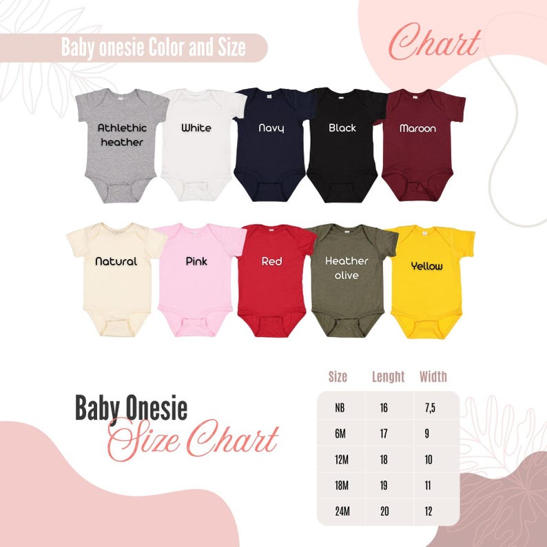 May include: Baby onesie size chart with color options. The chart shows 10 different colors of onesies, including athletic heather, white, navy, black, maroon, natural, pink, red, heather olive, and yellow. The chart also includes a size guide with measurements in inches for newborn, 6 months, 12 months, 18 months, and 24 months.