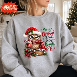 Funny Christmas Owl Sweatshirt, I'm Just Winging It Shirt, Grumpy Owl Hot Cocoa Crewneck, Sarcastic Holiday Gift