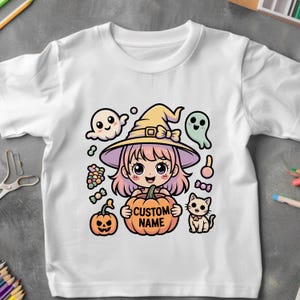 Maglietta con nome personalizzato per Halloween, maglietta personalizzata per Halloween per bambini, maglietta con zucca fantasma kawaii, maglietta "Dolcetto o scherzetto" per bambine.
