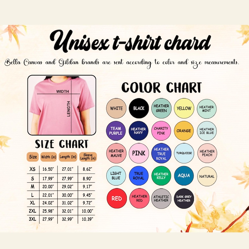 May include: Unisex t-shirt size chart with measurements in inches. The chart includes sizes XS to 3XL and shows the width, length, and sleeve length for each size. A color chart is also included with various colors, including white, black, heather green, yellow, heather mint, team purple, heather navy, charity pink, orange, heather ice blue, heather mauve, pink, heather true royal, turquoise, heather peach, light blue, true royal, heather kelly, aqua, natural, red, heather red, athletic heather, and dark grey heather.