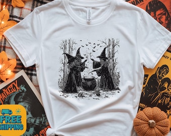Witch Cauldron Shirt, Gothic Halloween Top, Spooky Moon Bats Design, Occult Magic Tee, Wiccan Pagan Apparel, Vintage Style Unisex Gift Idea