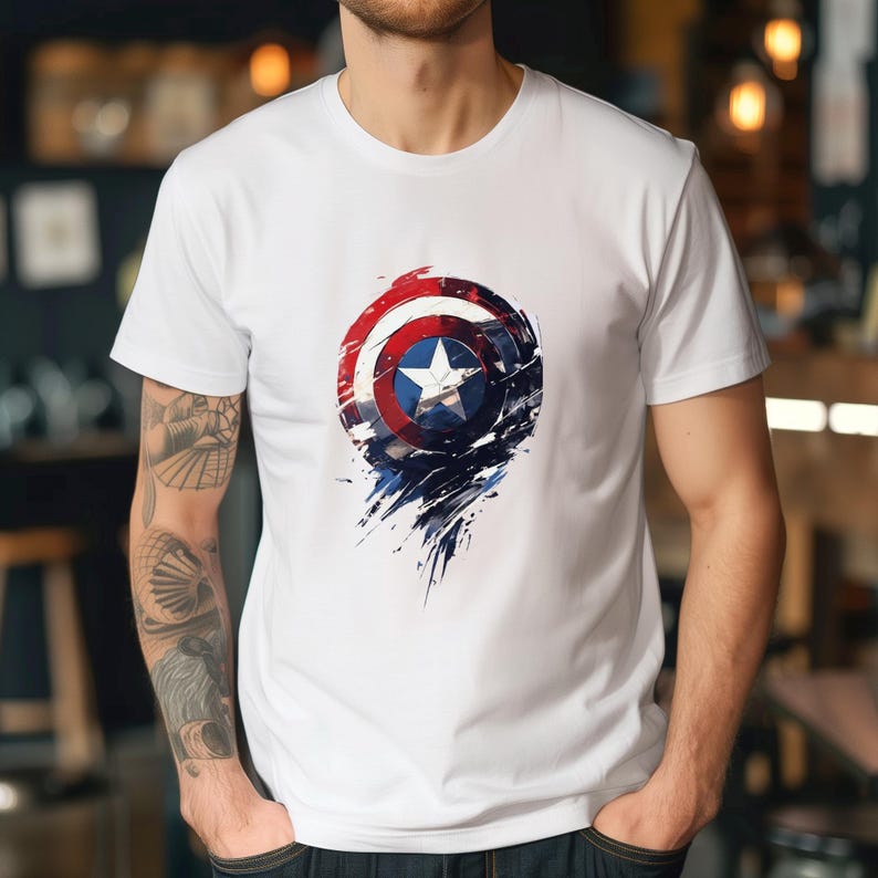a man in a white t - shirt with a captain's shield painted on