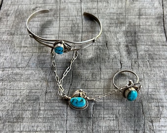 Pulseira e anel vintage de prata esterlina Navajo Bela Adormecida Turquesa Escrava