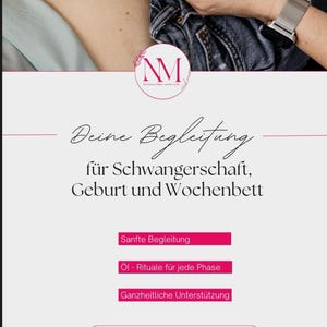 Peut inclure: Image promotionnelle avec du texte en allemand, montrant le ventre d'une femme et une bouteille d'huile essentielle. Le texte promeut le soutien à la grossesse, à l'accouchement et aux soins post-partum.