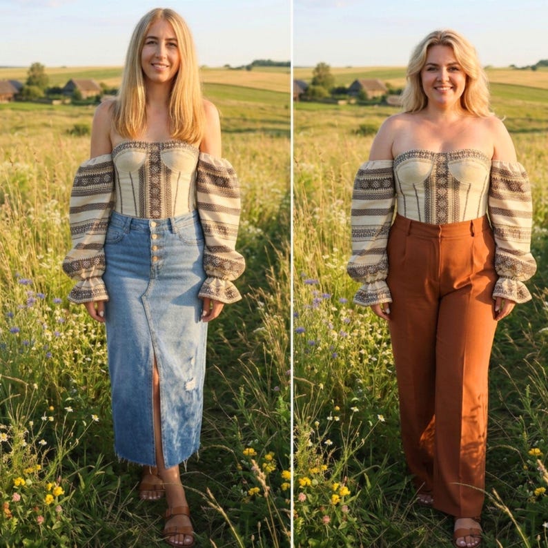 May include: An off-the-shoulder top with long sleeves and a corset-style bodice. The top is paired with a denim skirt and brown pants. The sleeves have a patterned design, and the bodice has a vertical pattern. The outfits are worn in a field.