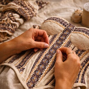 May include: Close-up of a beige garment with intricate brown, blue, and gold embroidered patterns. The garment is being hand-stitched with a needle and thread. A spool of thread and other fabric pieces are in the background.