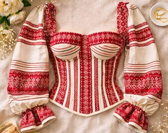 Red Embroidered Corset Top, Statement Bustier, Luxury Evening Corset, Modern Structured Top