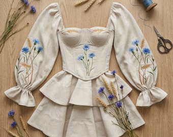 Wildflower Linen Corset Top in Soft Beige, Blue Embroidered Bustier with Airy Puff Sleeves