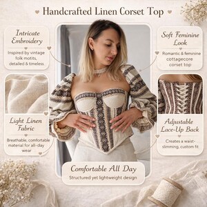 May include: A handcrafted linen corset top with intricate embroidery and an adjustable lace-up back. The top features a soft, feminine look with a structured yet lightweight design. The breathable fabric is comfortable for all-day wear.