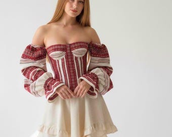 Red Embroidered Linen Corset Top, Puff Sleeve Bustier, Romantic Cottagecore Corset, Handmade Statement Top