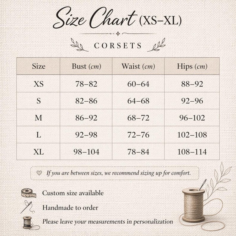May include: A corset size chart (XS-XL) with bust, waist, and hip measurements in centimeters. The chart includes sizes XS to XL, with corresponding measurements. Text states: "If you are between sizes, we recommend sizing up for comfort."