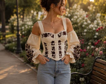 Embroidered Linen Corset, Floral Corset Top, Cottagecore Corset, Renaissance Style Top, Boho Linen Bustier