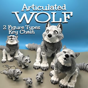 May include: Articulated wolf figures and a key chain in shades of gray and white. The text reads Articulated WOLF and 2 Figure Types Key Chain. The figures feature movable joints, detailed fur textures, and expressive faces in various poses.