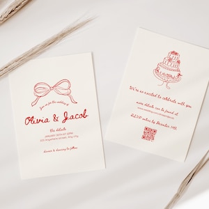 Red Chic Wedding Invitation Template, Modern Wedding Invitation Card, Whimsical Wedding Invite QR Code, Editable Template Canva, WT03