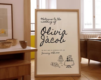 Welcome to Our Wedding Sign, Hand Drawn Wedding Welcome Sign Entrance, Illustration sign, Whimsical Wedding Signage, Canva Template, WT05