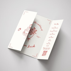Modèle d'invitation gatefold dessiné à la main, carte d'invitation de mariage colorée, code QR d'invitation de mariage fantaisiste, modèle modifiable sur toile, WT03