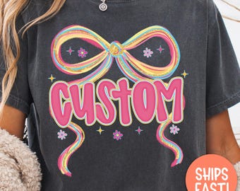 Comfort Colors® Preppy Custom Name Bow Shirt, Custom Girly Pink Coquette Bow Shirt Personalized Name Shirt Hand Lettered, Personalized Shirt