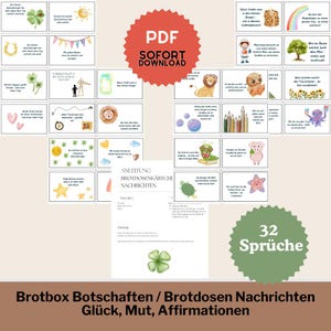 以下が含まれることがあります： ドイツ語でイラストと励みになるメッセージが書かれた、カラフルなカード32枚セット。ランチボックス用で、幸福、勇気、肯定的なメッセージをテーマにしています。タイトルは「Brotbox Botschaften / Brotdosen Nachrichten Glück, Mut, Affirmationen」です。