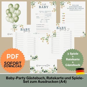 Coffret Baby Shower – Carte de devinettes, jeu de quiz, livre d’or + jeux | Allemand | Fichier d'impression PDF pour baby shower et baby party, bohème / floral vert