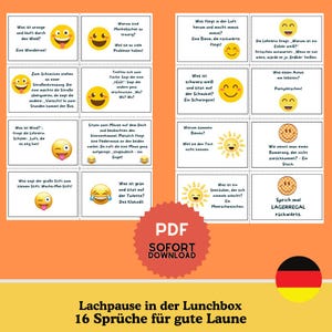 Op de afbeelding: Een set van 16 kleurrijke kaarten met een gele zon, een smiley en een Duitse vlag. Elke kaart heeft een ander raadsel of een grapje dat in het Duits is geschreven. De tekst op de kaarten luidt "Lachpause in der Lunchbox 16 Sprüche für gute Laune".