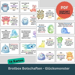 Könnte beinhalten: Sechzehn bunte Karten mit Comic-Monstern und aufmunternden Botschaften. Die Karten sind für Lunchboxen gedacht und enthalten Sätze wie "Dein Glücksmonster hat dir heute extra viel Mut eingepackt!" und "Dein Glücksmonster wünscht dir einen super Tag voller Freude und Lachen!"