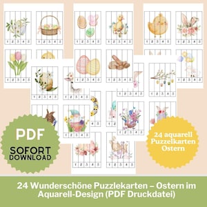 24 prachtige puzzelkaarten – Pasen in aquareldesign (PDF-afdrukbestand) | Ideaal voor kinderdagverblijven, thuis- en themaweken