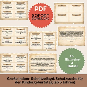 Op de afbeelding: Een downloadbare PDF voor een schattenjacht voor een kinderfeestje. De titel is "Große Indoor-Schnitzeljagd/Schatzsuche für den Kindergeburtstag (ab 5 Jahren)", wat vertaalt wordt naar "Grote Indoor Schnitzeljacht/Schattenjacht voor Kinderverjaardag (vanaf 5 jaar)". De afbeelding toont 16 aanwijzingen voor de schattenjacht, met een groene cirkel met de tekst "16 Hinweise 4 Rätsel", wat vertaalt wordt naar "16 Hints 4 Riddles".