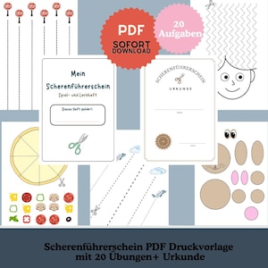 Schaarlicentie: 20 pagina's knipoefeningen + certificaat, PDF-afdrukbestand (A4), kinderopvang, kleuterschool, voorschoolse educatie, leren knippen