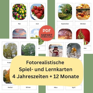 Carte da gioco e didattiche fotorealistiche: 4 stagioni + 12 mesi, come download digitale Modello di stampa PDF - ideale per i bambini