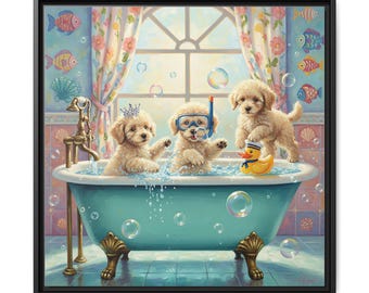 Whimsical Poodle Bath Art Print, Dog Lover Gift, Framed Canvas