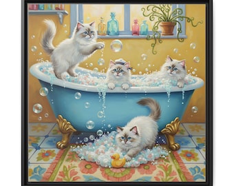 Whimsical Ragdoll Cat Bath Art Print, Framed Canvas Decor