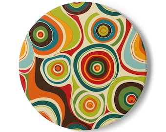 Retro Colorful Concentric Circles Ceramic Coaster | 70s Abstract Pattern