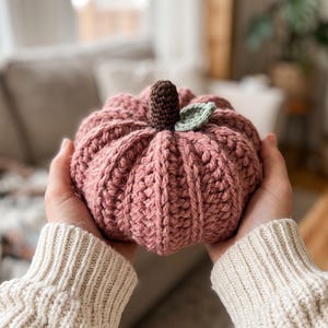 May include: A dusty rose crochet pumpkin featuring a dark brown textured stem and a single light green crocheted leaf. The pumpkin has a ribbed, rounded shape with deep vertical indentations, crafted from yarn with a visible stitch pattern.