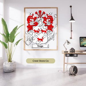 Trego Family Crest, Digital Download, Heraldic shield with fox, Crucifix Shields, Surnames, Ancestry, Coat of arms svg