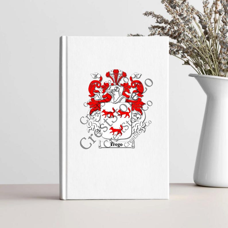 May include: A white background with a red and black coat of arms featuring a crest with three red foxes. The text "Trego" is below the coat of arms.