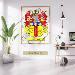 Bygrave Family Crest, Digital Download, Heraldic shield with Sword, Shields, Surnames, Ancestry, Coat of arms svg