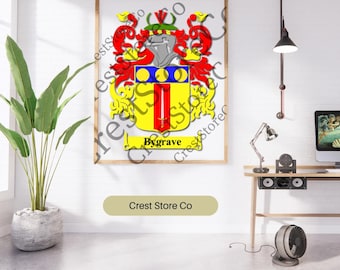 Bygrave Family Crest, Digital Download, Heraldic shield with Sword, Shields, Surnames, Ancestry, Coat of arms svg