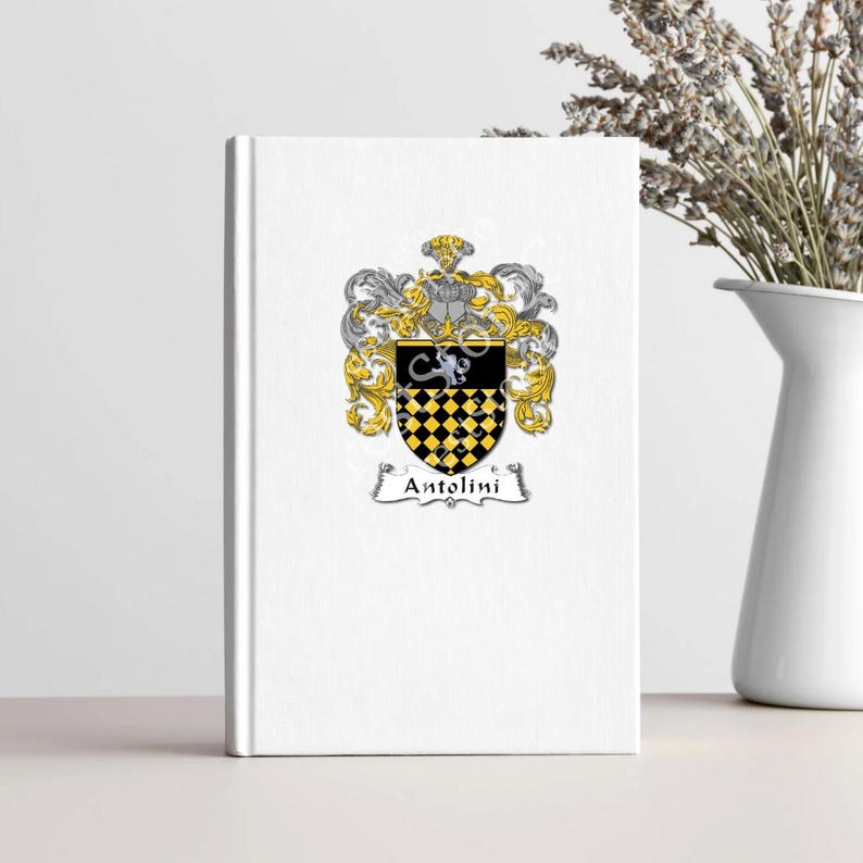May include: A white book with a black and yellow coat of arms featuring a checkered shield and the text "Antolini".