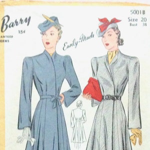 May include: Vintage DuBarry sewing pattern featuring two illustrations of women's dresses. The cover has text that reads "DuBarry Guaranteed Patterns" and "Easily Made". The pattern number is 5001B, size 20, bust 38.