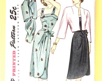 1940s Sarong Style Dress and Bolero Simplicity 1929  dart fitted bodice, shoulder straps, front pleated drape Vintage Sewing Pattern Bust 30