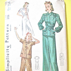 May include: Vintage sewing pattern for a two-piece outfit with a collared top and wide-legged trousers. The pattern is for size 12, bust 30, and is priced at 15 pence. The pattern is from Simplicity Pattern Company, New York.