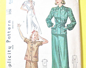 1930s Beach Pajamas and Blouse Simplicity 3156 Vintage Sewing Pattern Bust 30