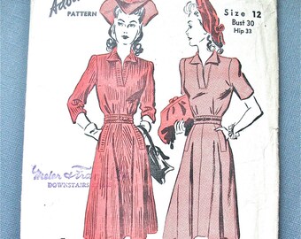 Vintage late 30s or early 1940s Advance 2871 Dress Sewing Pattern  Bust 30 Hip 33 inches