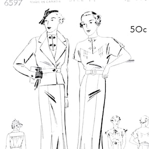 1930s dress pattern Butterick 6597 Sewing 30s One-Piece Dress with Jacket Vintage Pattern  Bust 32