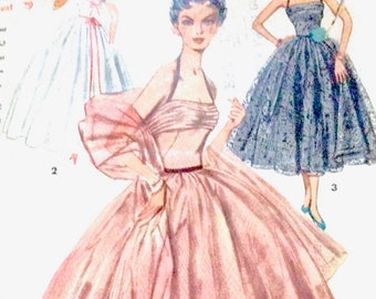 1950s Gown Simplicity 4584 Halter Evening Gown in Two Lengths Stole Bodice is softly draped at upper edge Vintage Sewing Pattern Bust 29