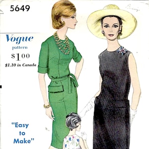 1960's Vogue Sewing Pattern No. 5649 Semi-Fitted Sheath Dress with Round Neckline & Patch Pockets Bust 36 Hip 38 inches UNCUT